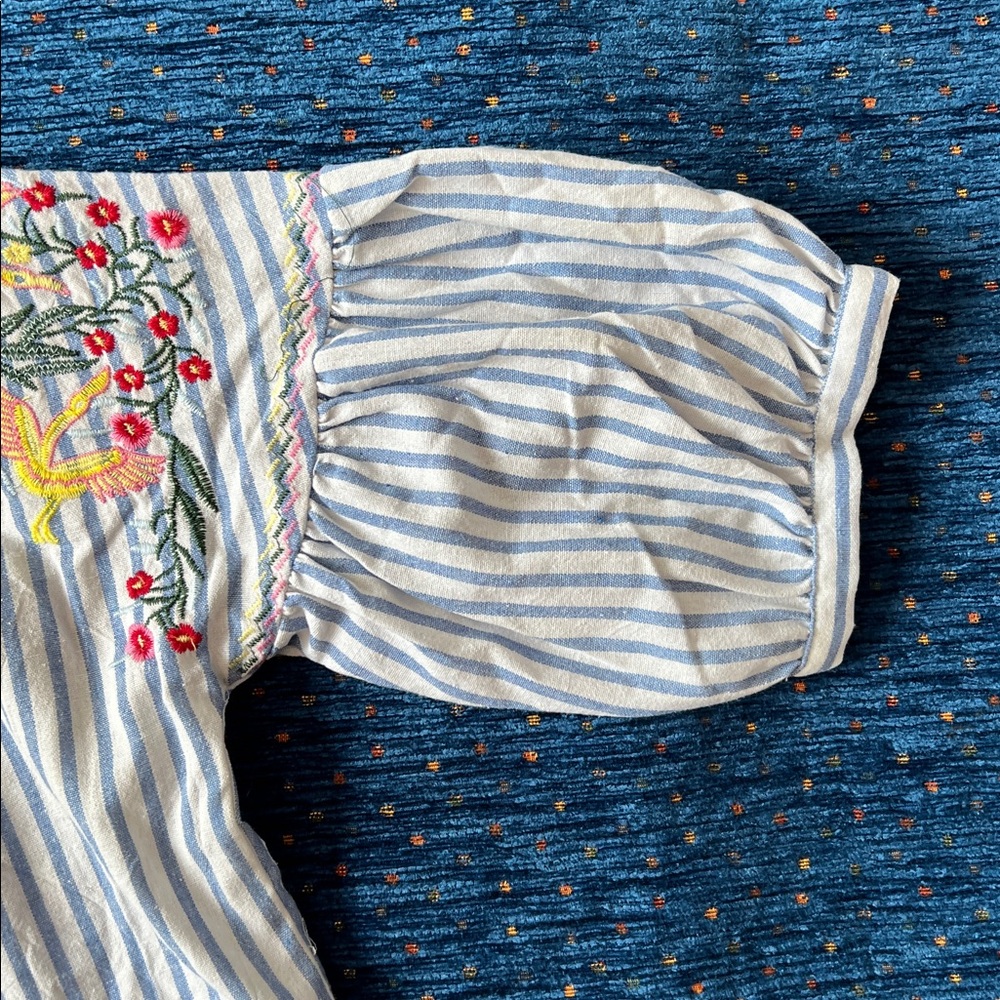 Blue and White Striped Embroidered Peasant Top - Picture 6 of 12